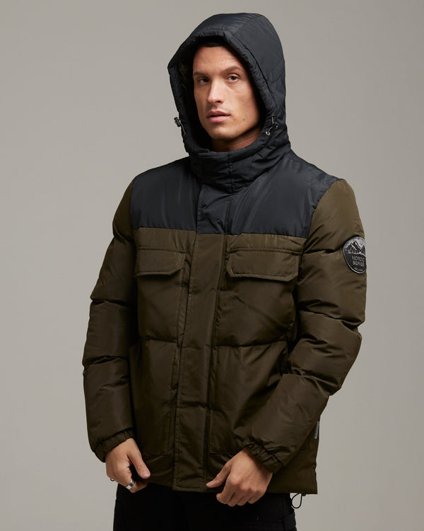 Khaki puffer hot sale jacket mens