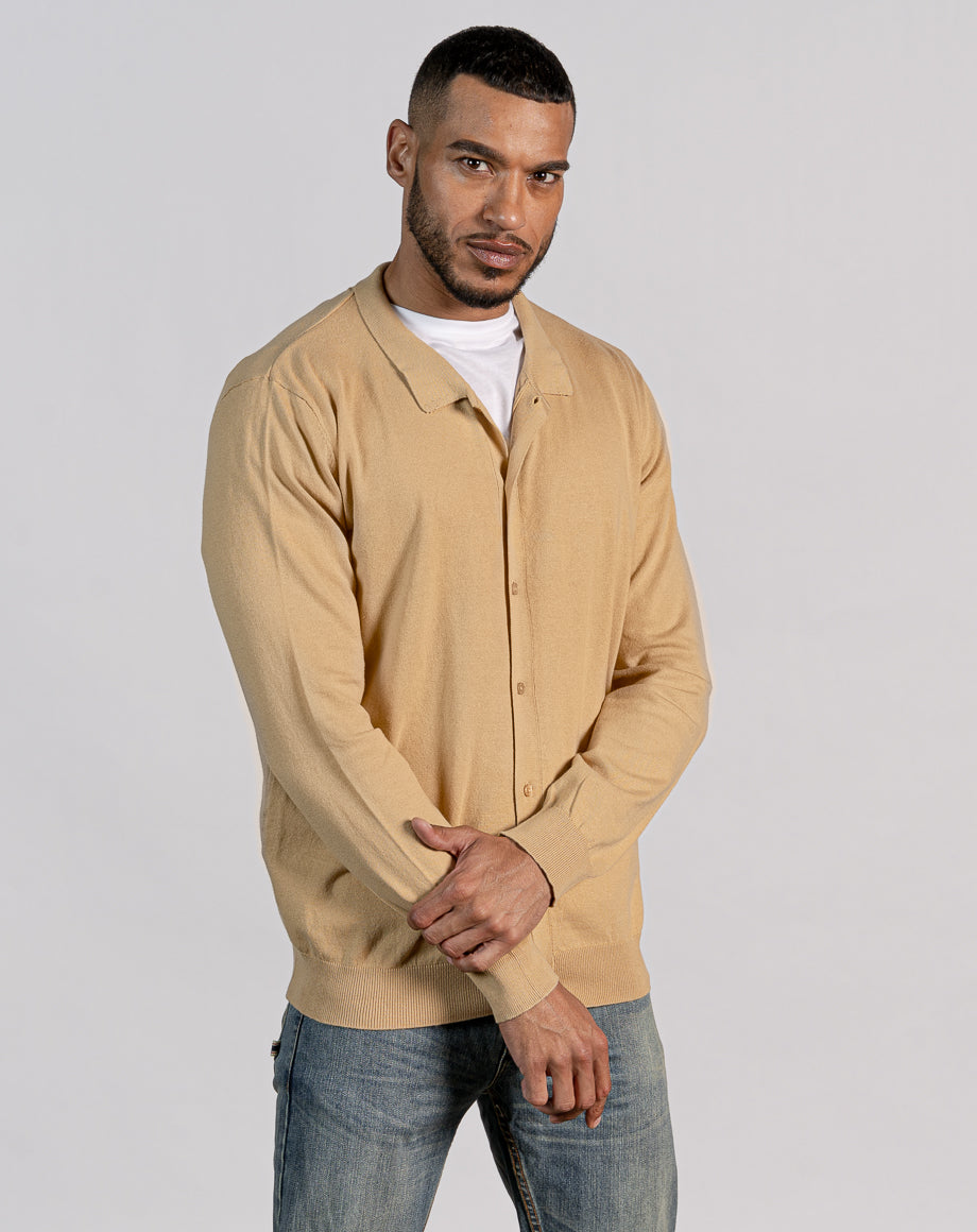 ESSENTIAL BUTTON THROUGH KNITTED SHIRT - CAMEL - Bellfield Clothing