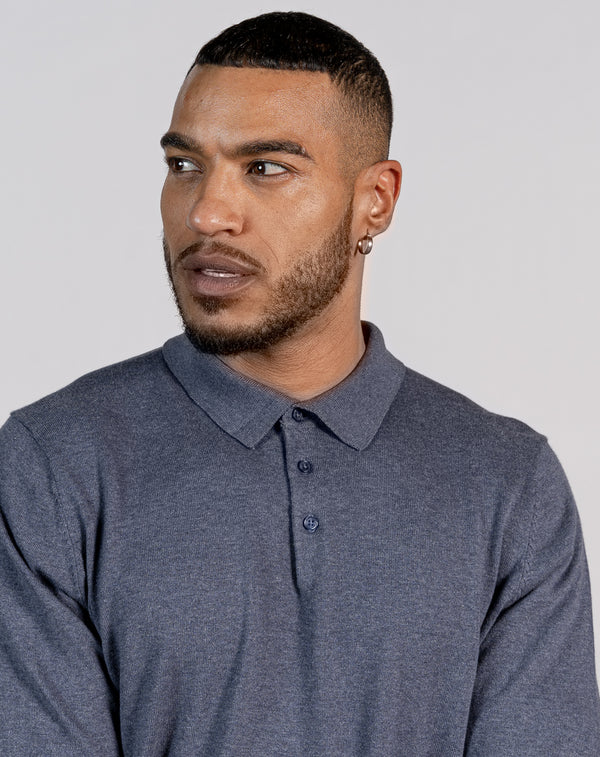 ESSENTIAL LONG SLEEVE KNITTED POLO TOP - MID BLUE - Bellfield Clothing