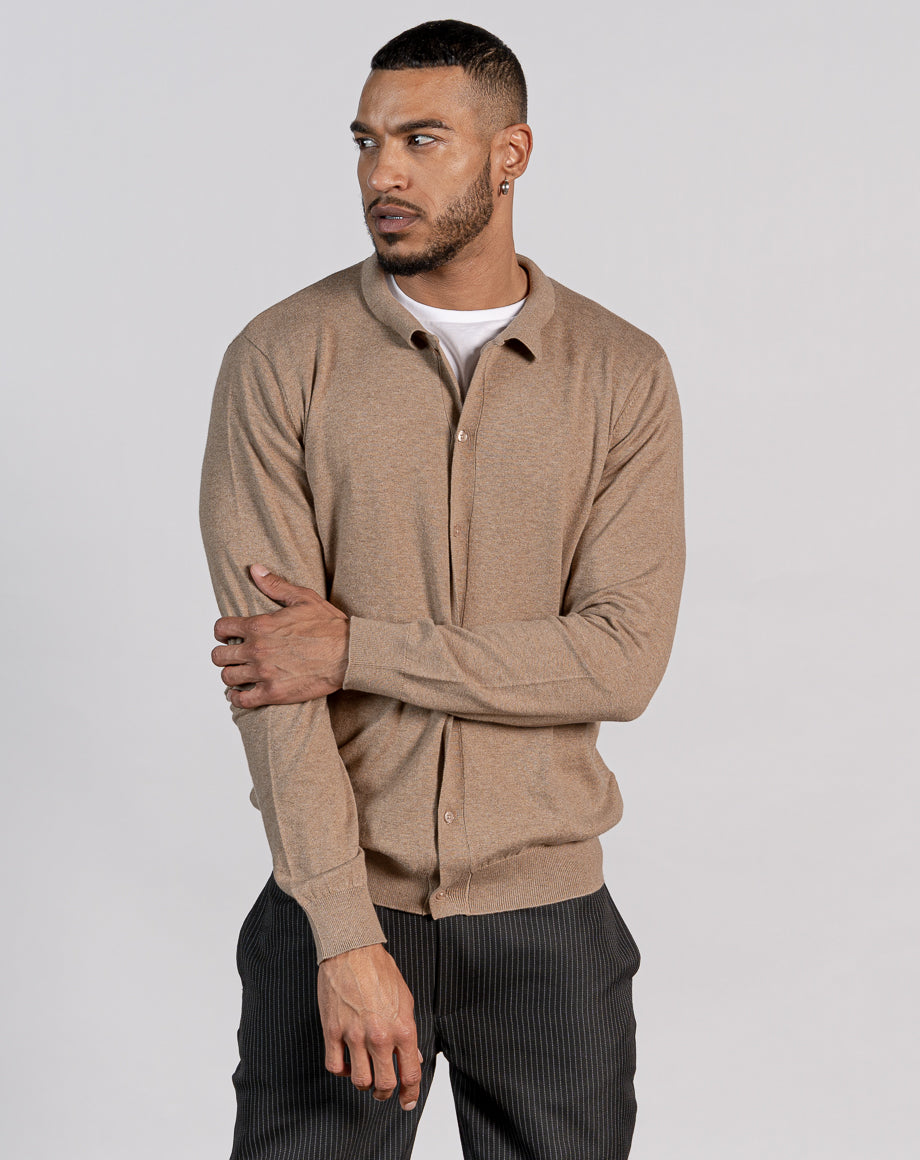 ESSENTIAL BUTTON THROUGH KNITTED SHIRT - LIGHT STONE - Bellfield